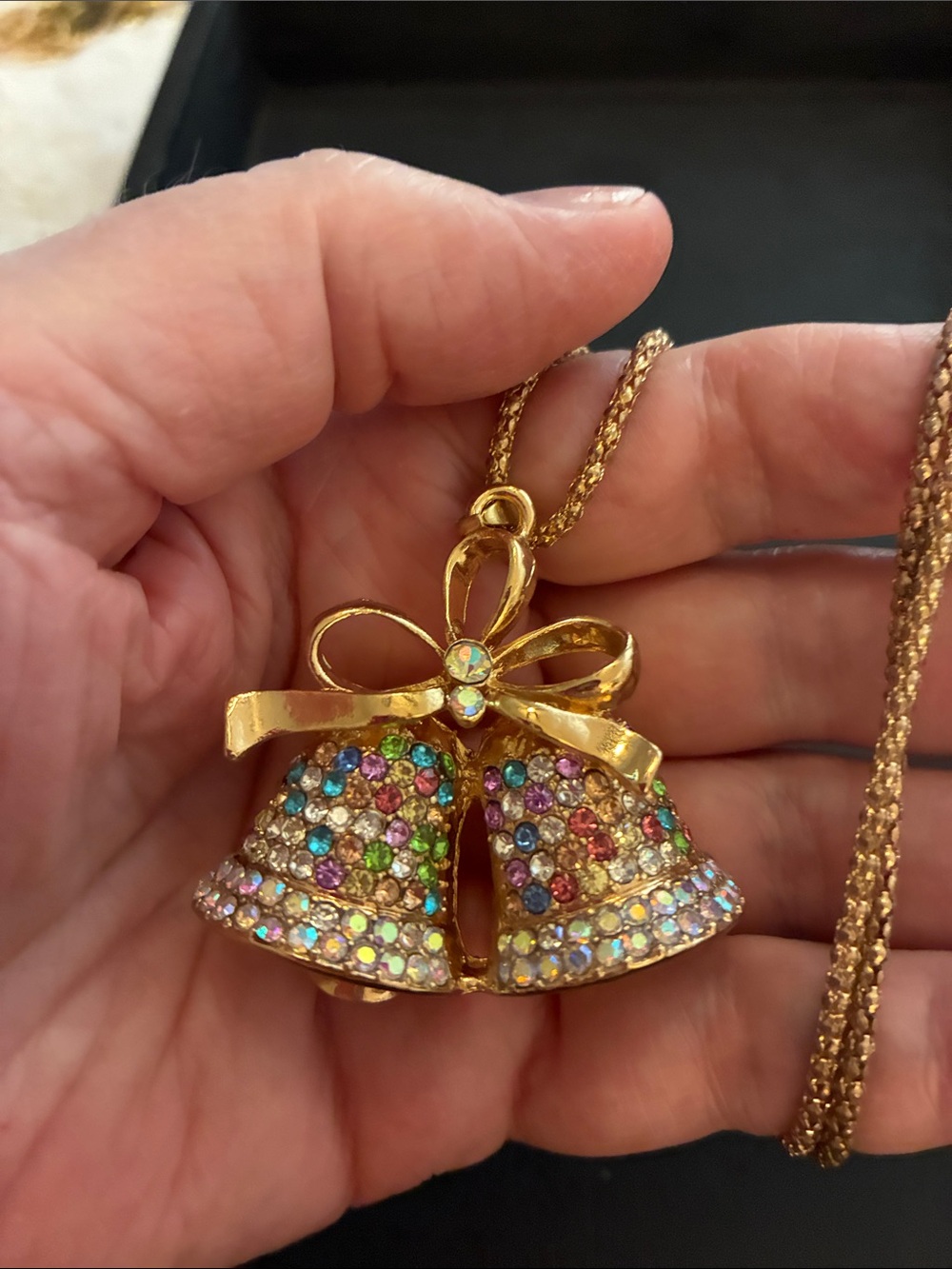 Gold-Tone Double Bell Pendant Necklace with Multicolor Crystals
